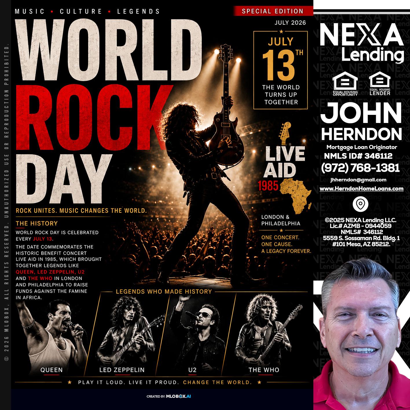 WORLD ROCK MUSIC DAY - John Herndon MBA -Mortgage Loan Originator