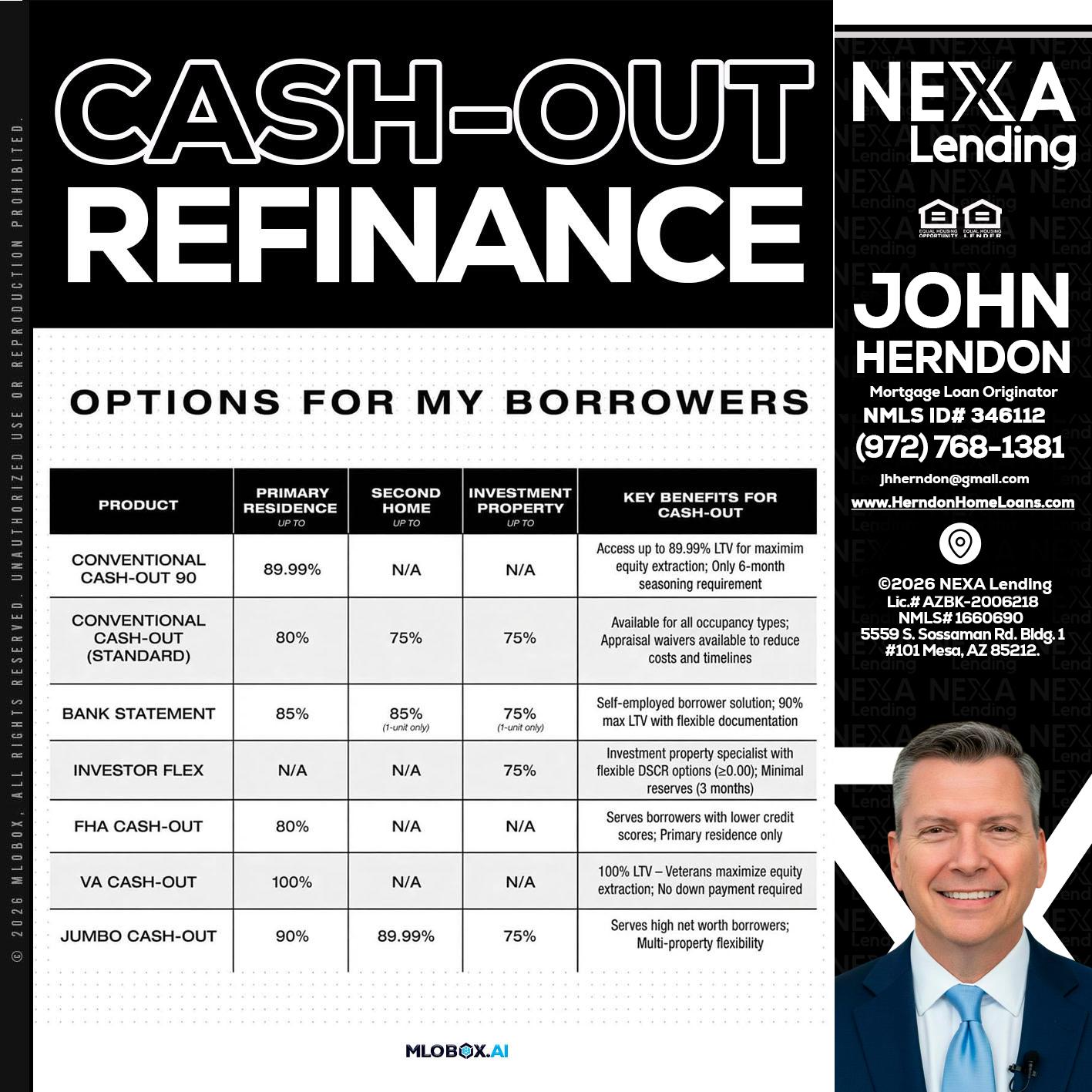 CASH OUT - John Herndon MBA -Mortgage Loan Originator