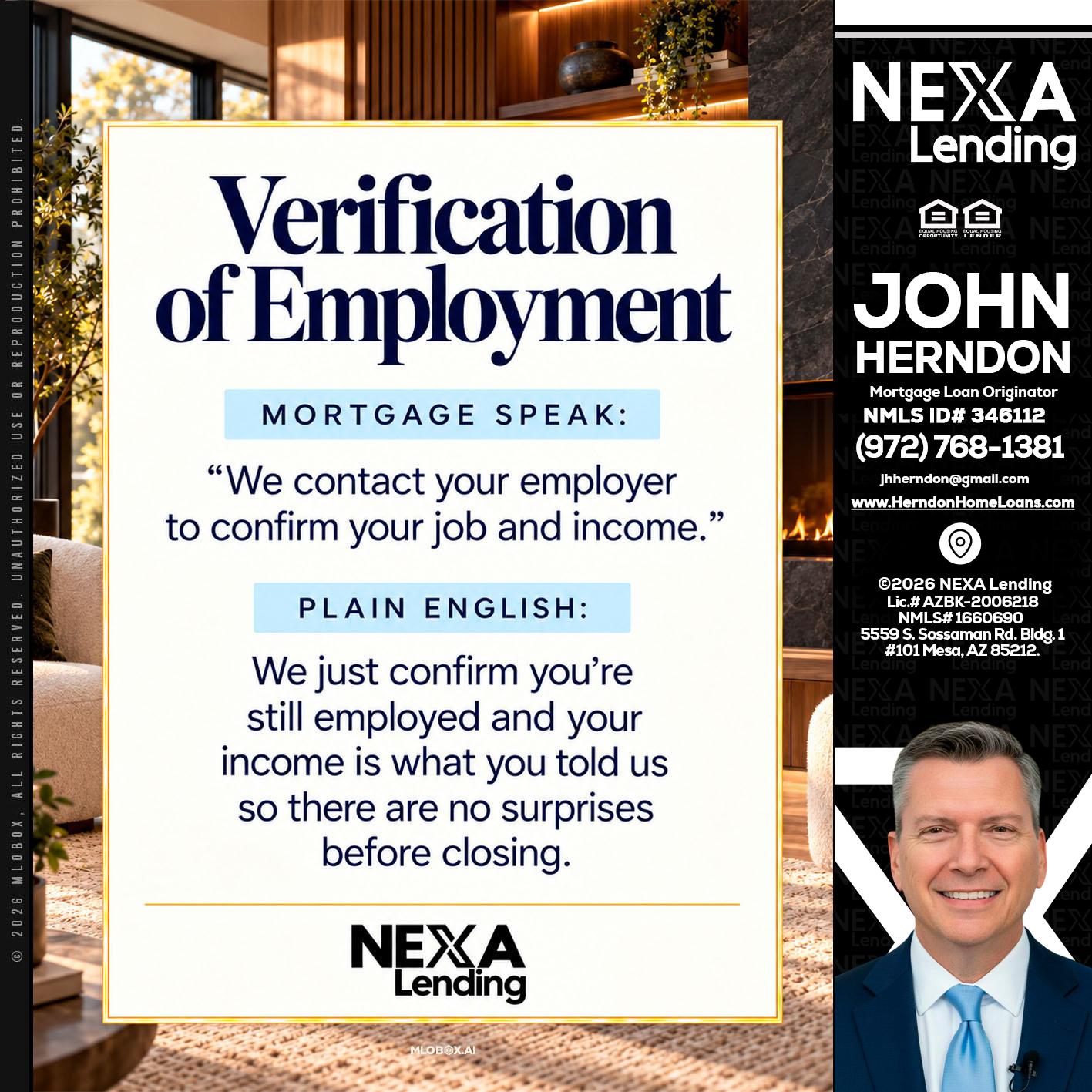 VERIFICATION OF EMPLOYMENT - John Herndon MBA -Mortgage Loan Originator